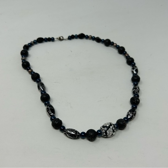 Classic Black Lava Rock Beaded Necklace with Blue and Black Marble Beads - Picture 5 of 11